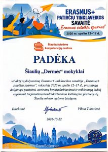 Šiaulių švietimo kompetencijų centro padėka Šiaulių „Dermės“ mokyklai už dalyvavimą Erasmus+ tinklaveikos savaitėje „Erasmus suteikia sparnus“