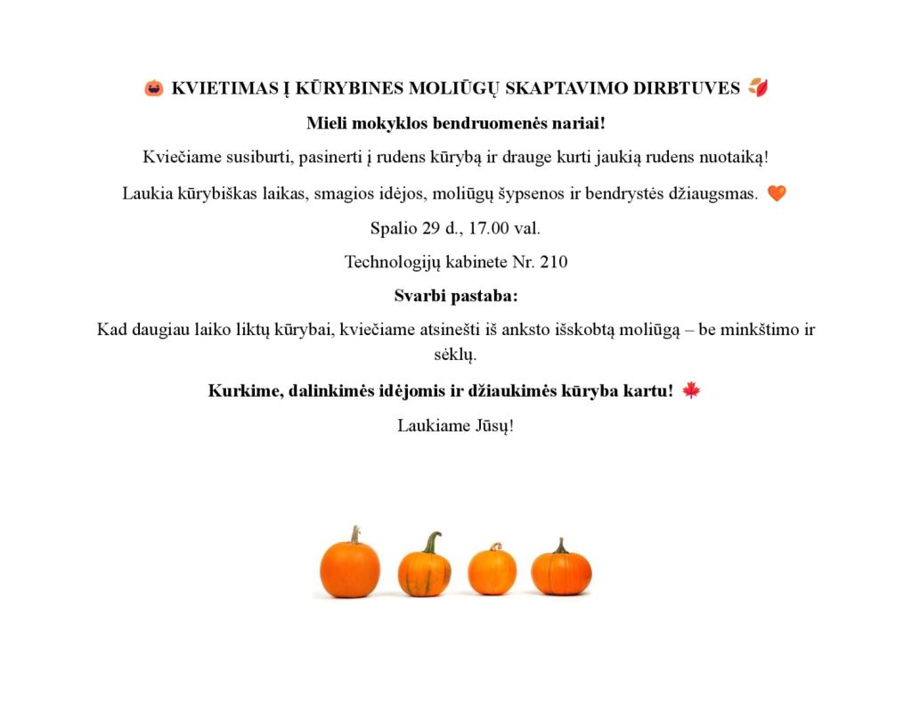 Kvietimas į kūrybines moliūgų skaptavimo dirbtuves